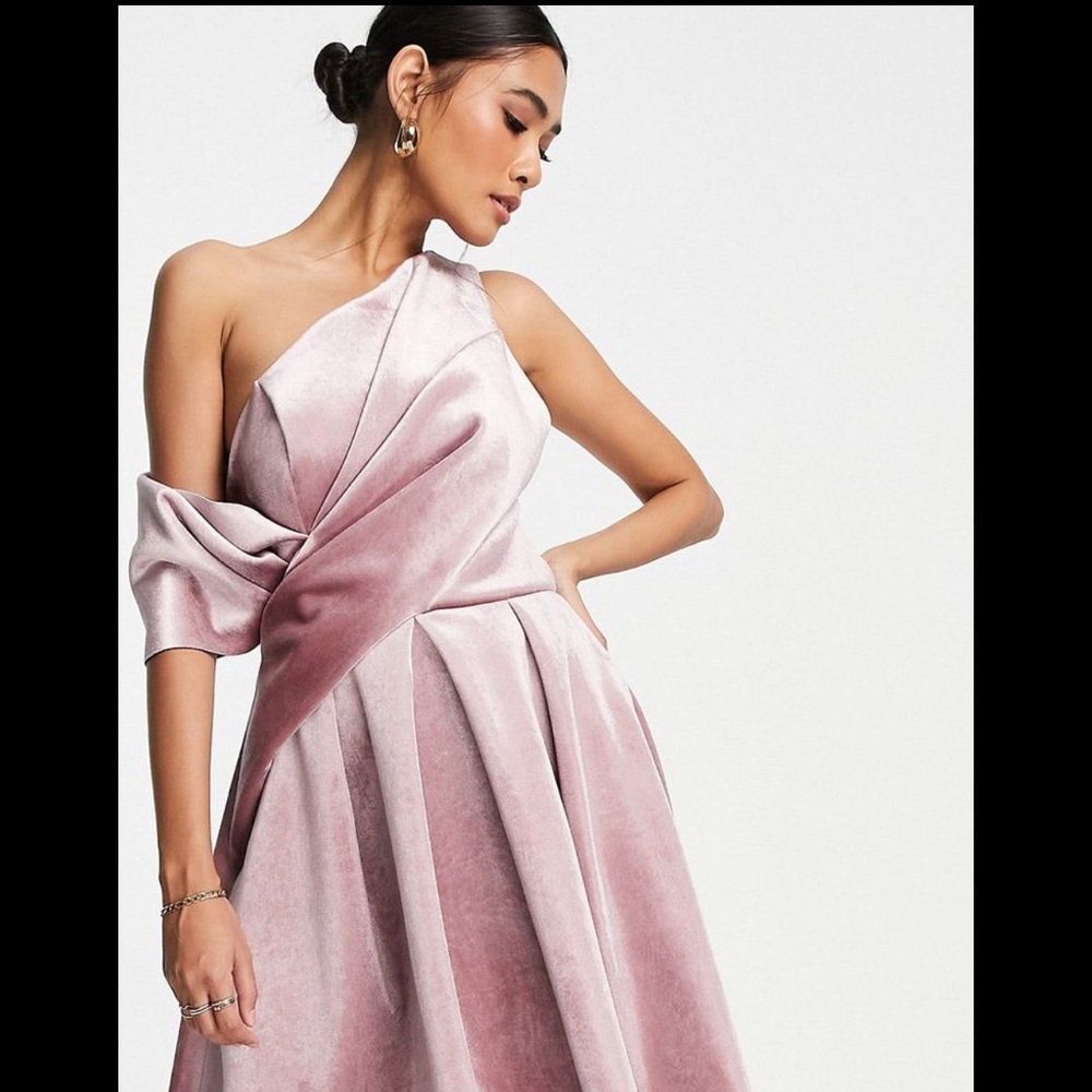 Asos Velvet bare shoulder midi prom dress in rose pink 0